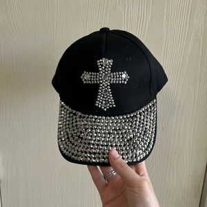 Black Cap with Rhinestone Cross Design